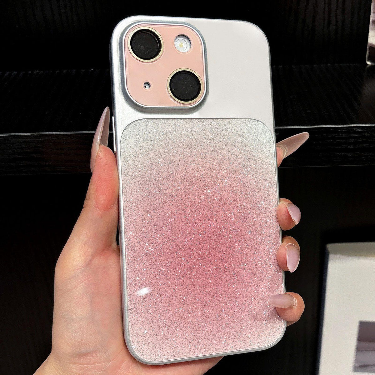 For iPhone 13 Lens Protection Matte Gradient Glitter Acrylic + PC Phone Case - Pink - EDA009762615D