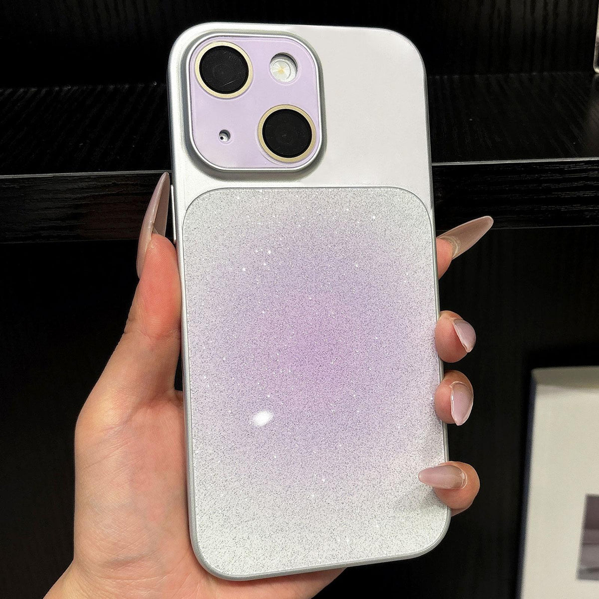 For iPhone 13 Lens Protection Matte Gradient Glitter Acrylic + PC Phone Case - Purple - EDA009762615F