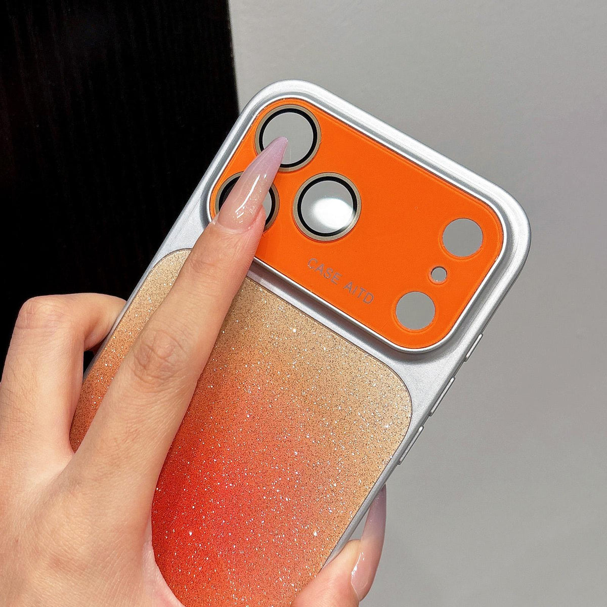 For iPhone 14 Lens Protection Matte Gradient Glitter Acrylic + PC Phone Case - Black - EDA009762610E