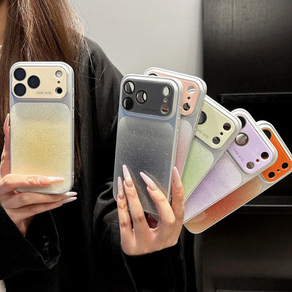 For iPhone 16 Lens Protection Matte Gradient Glitter Acrylic + PC Phone Case - Black - EDA009762606E