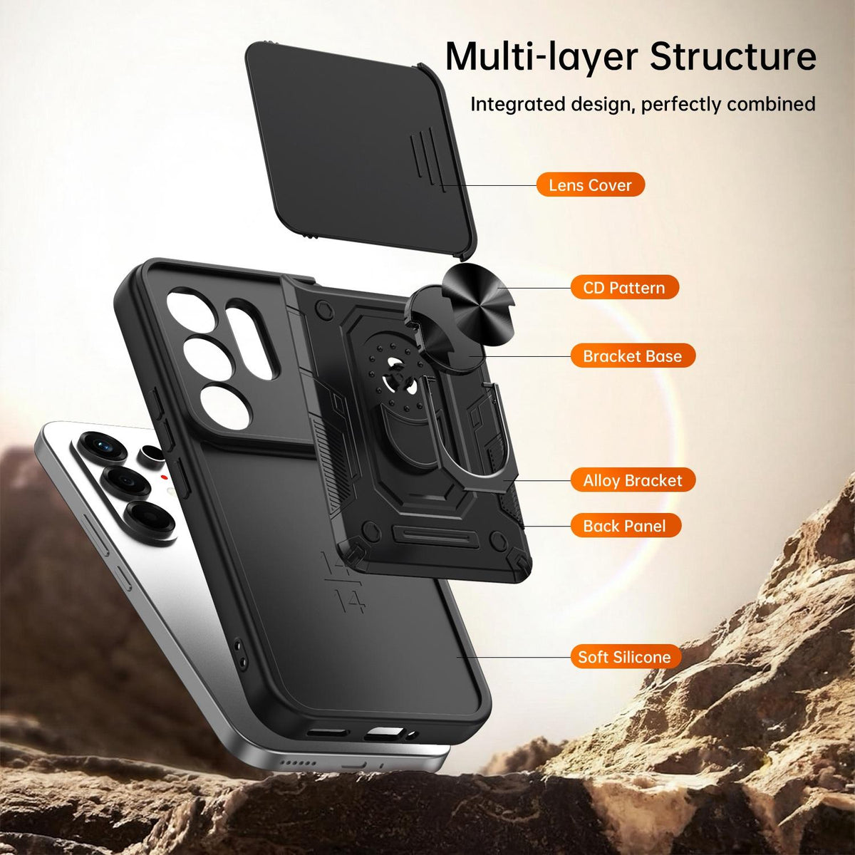For Tecno Camon 50 Nanshan Armor Sliding Camshield Ring Holder Phone Case - Orange - EDA009762901A