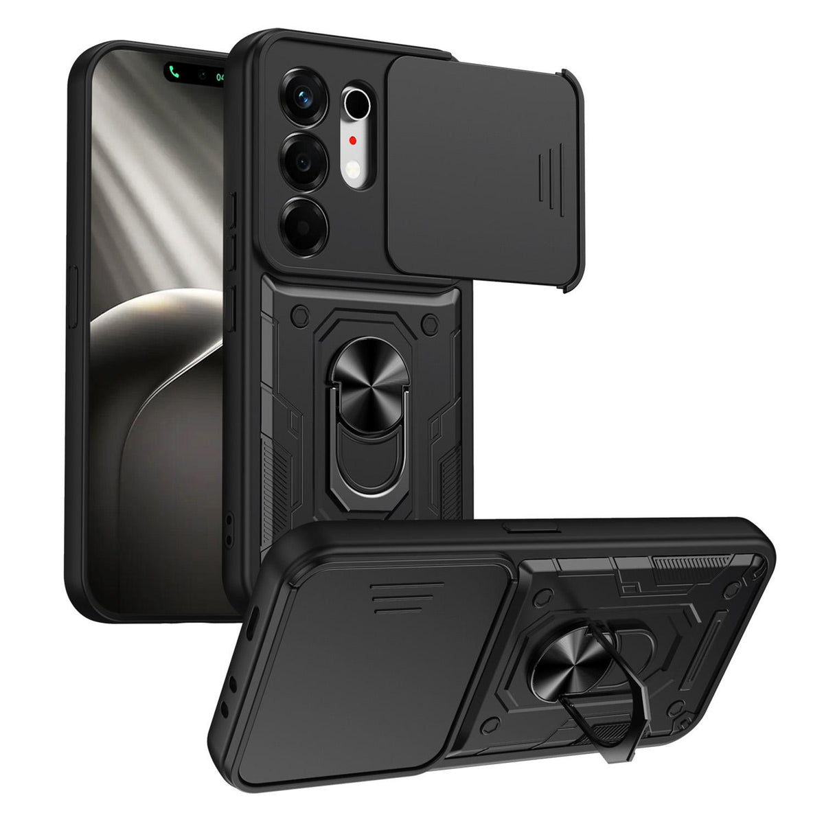 For Tecno Camon 50 Nanshan Armor Sliding Camshield Ring Holder Phone Case - Black - EDA009762901C