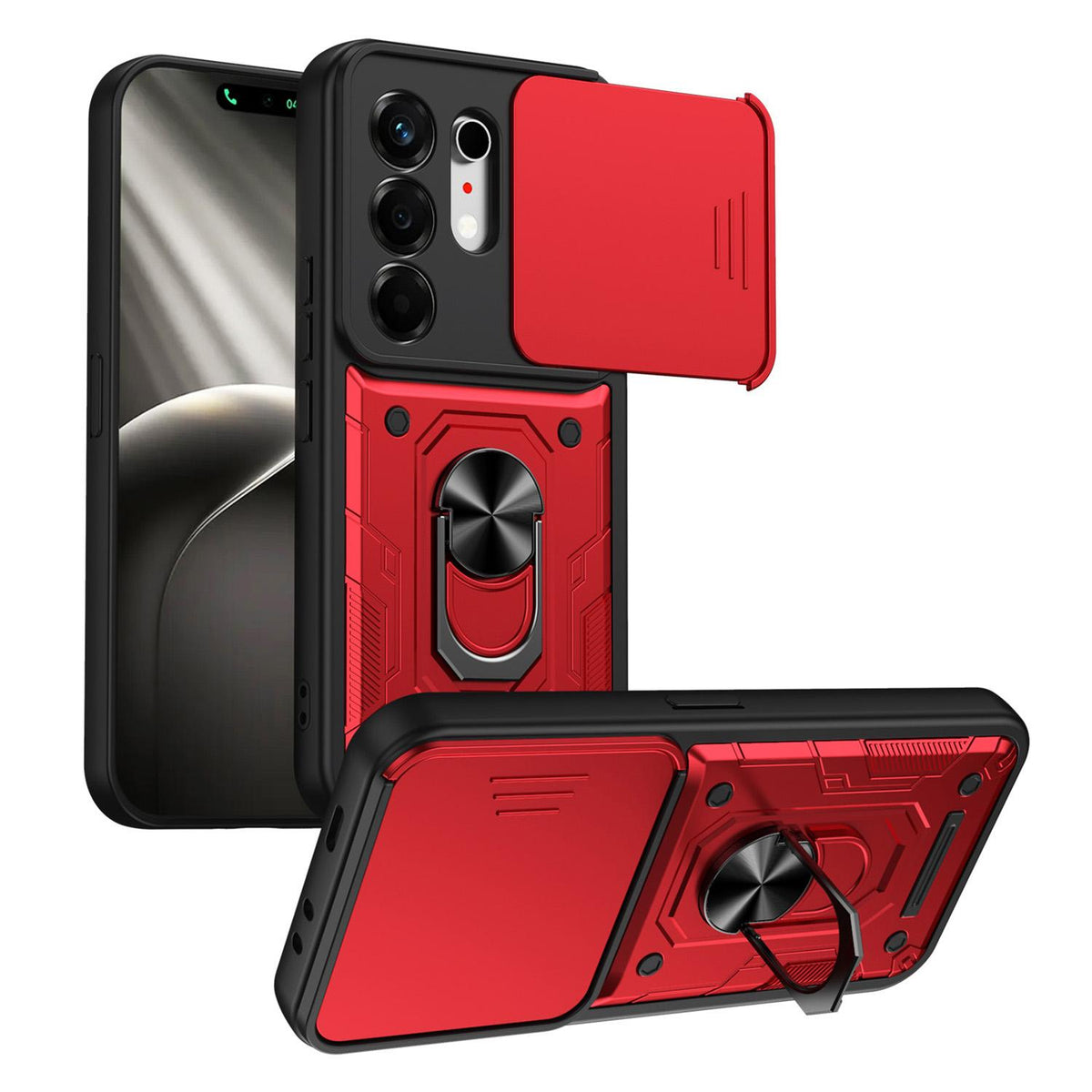 For Tecno Camon 50 Nanshan Armor Sliding Camshield Ring Holder Phone Case - Red - EDA009762901D