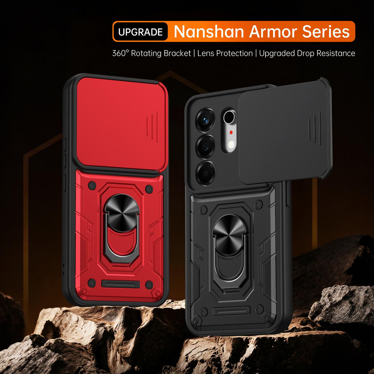 For Tecno Camon 50 Nanshan Armor Sliding Camshield Ring Holder Phone Case - Red - EDA009762901D