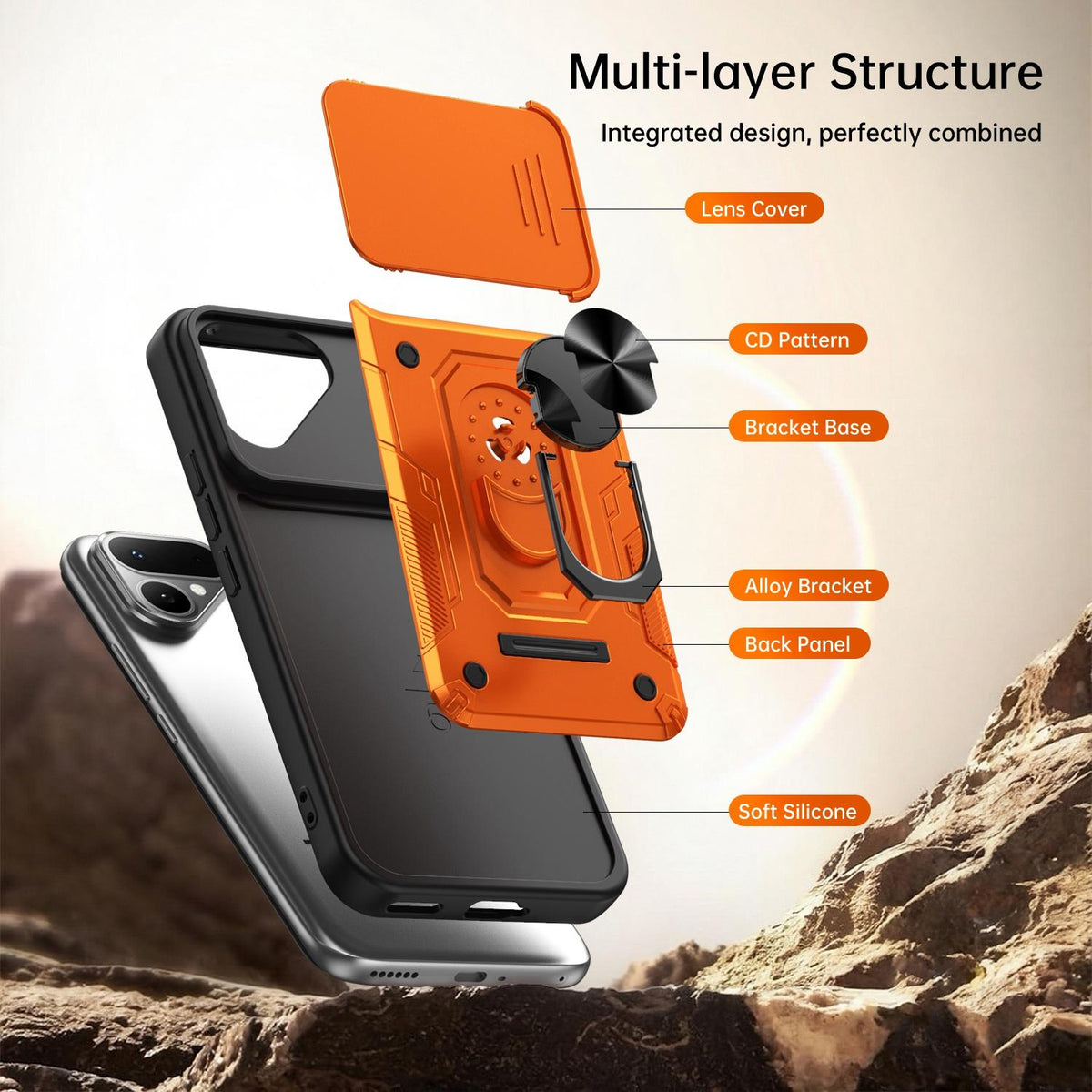 For Tecno Pova Curve 2 5G Nanshan Armor Sliding Camshield Ring Holder Phone Case - Orange - EDA009762903A
