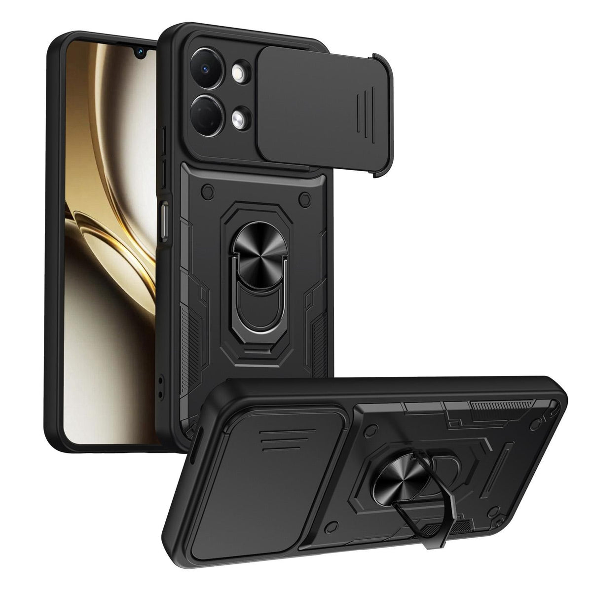 For Tecno Spark Go 3 / Pop 20 Nanshan Armor Sliding Camshield Ring Holder Phone Case - Black - EDA009762908C