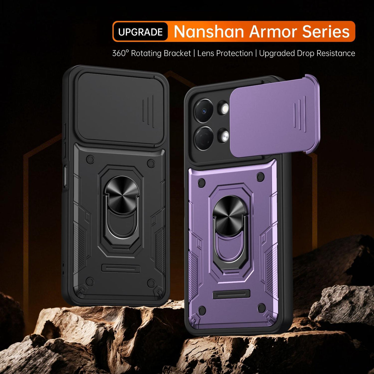 For Tecno Spark Go 3 / Pop 20 Nanshan Armor Sliding Camshield Ring Holder Phone Case - Black - EDA009762908C