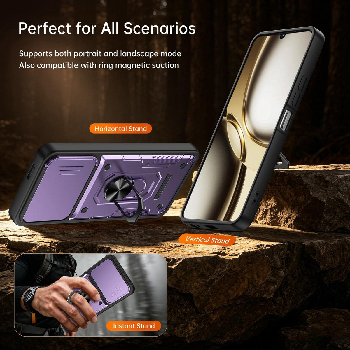 For Tecno Spark Go 3 / Pop 20 Nanshan Armor Sliding Camshield Ring Holder Phone Case - Black - EDA009762908C