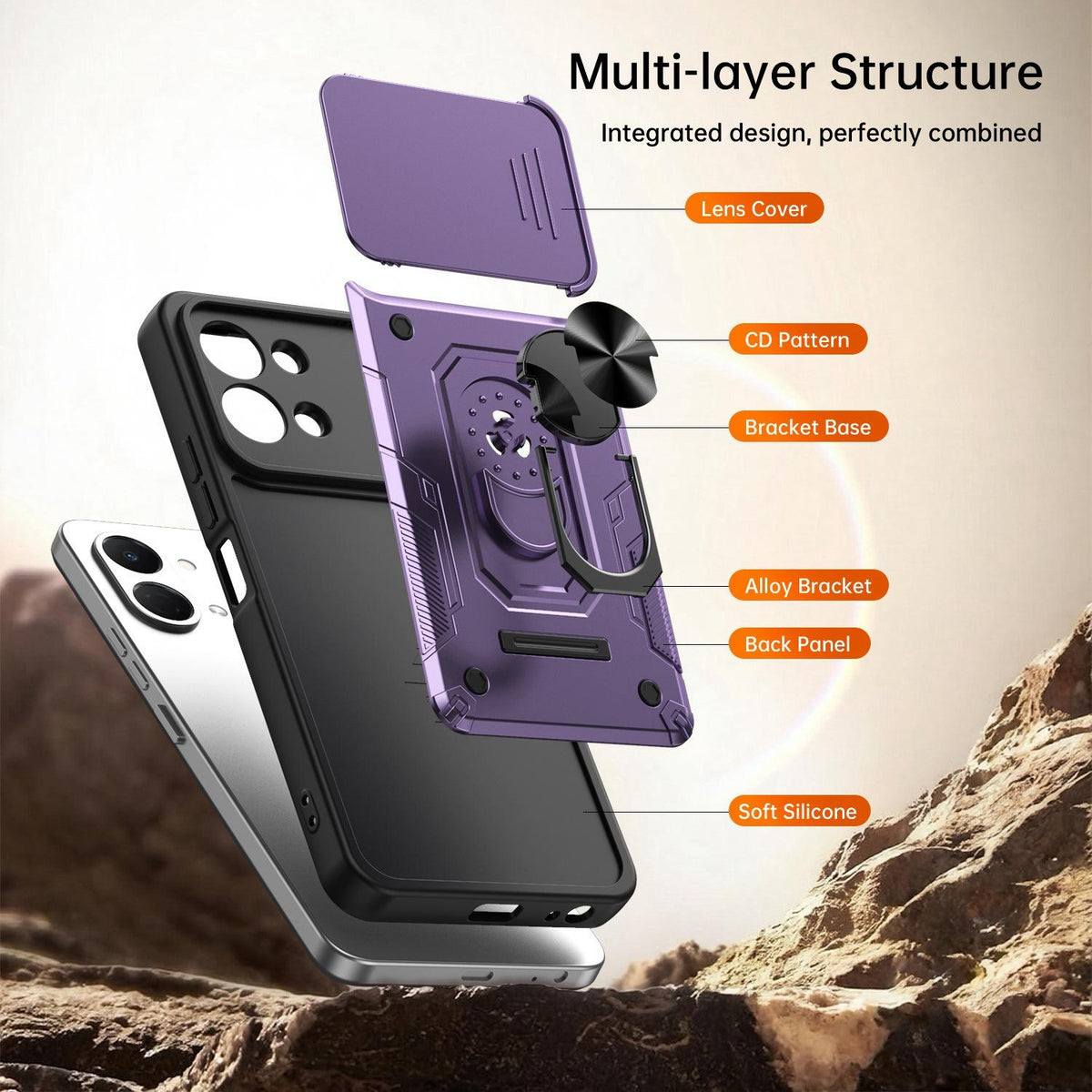 For Tecno Spark Go 3 / Pop 20 Nanshan Armor Sliding Camshield Ring Holder Phone Case - Black - EDA009762908C