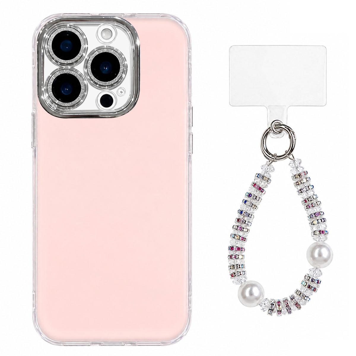 For iPhone 15 Pro Dopamine Color Skin-Friendly IMD Phone Case with Beaded Wrist Strap - Pink - EDA009766210C