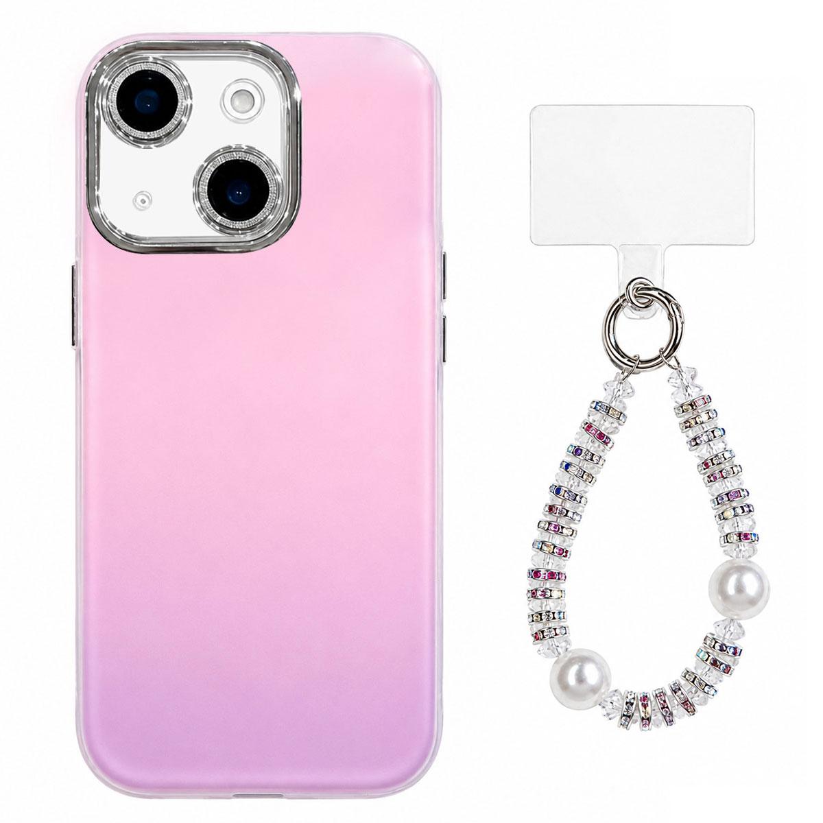 For iPhone 15 Dopamine Color Skin-Friendly IMD Phone Case with Beaded Wrist Strap - Purple - EDA009766211D