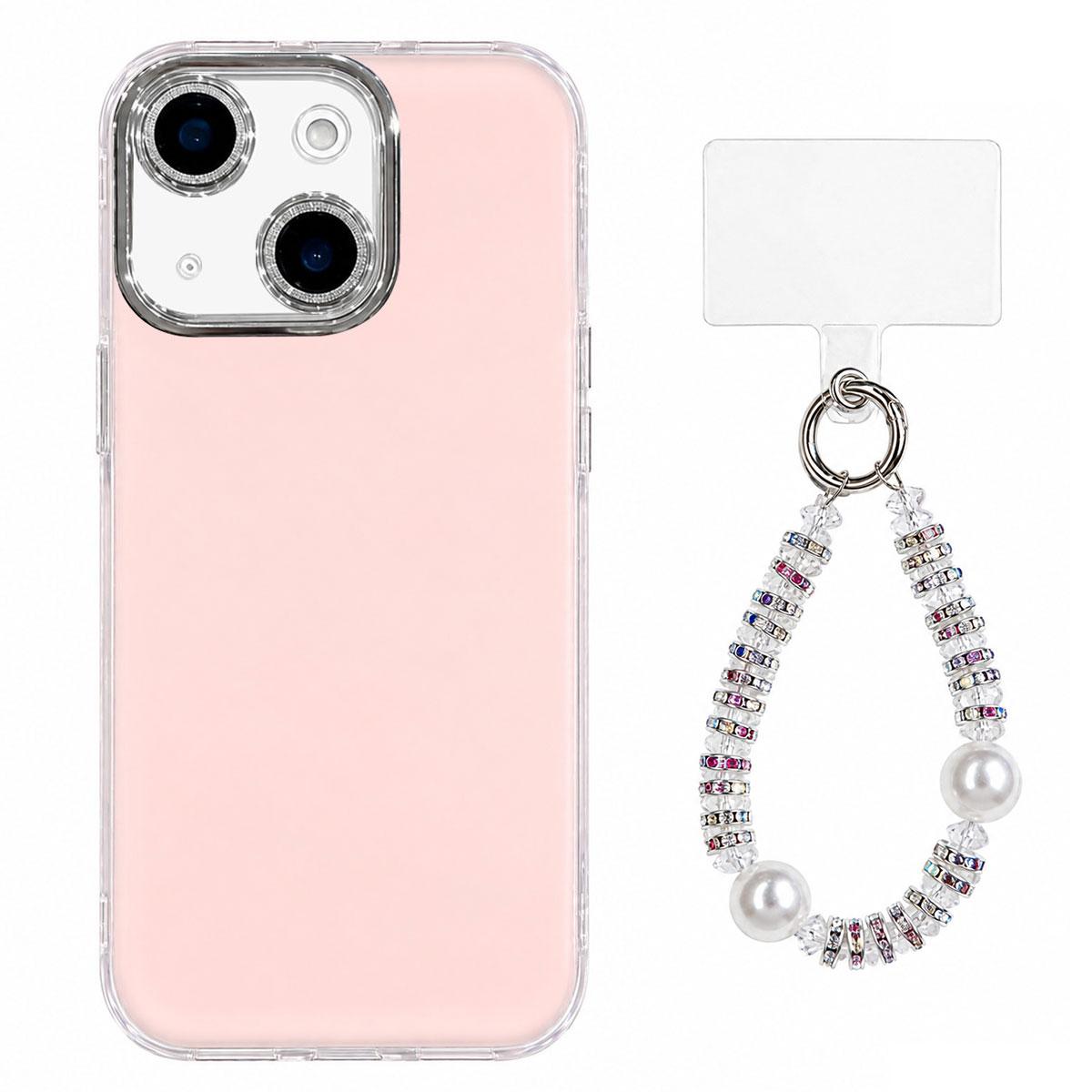 For iPhone 13 Dopamine Color Skin-Friendly IMD Phone Case with Beaded Wrist Strap - Pink - EDA009766217C
