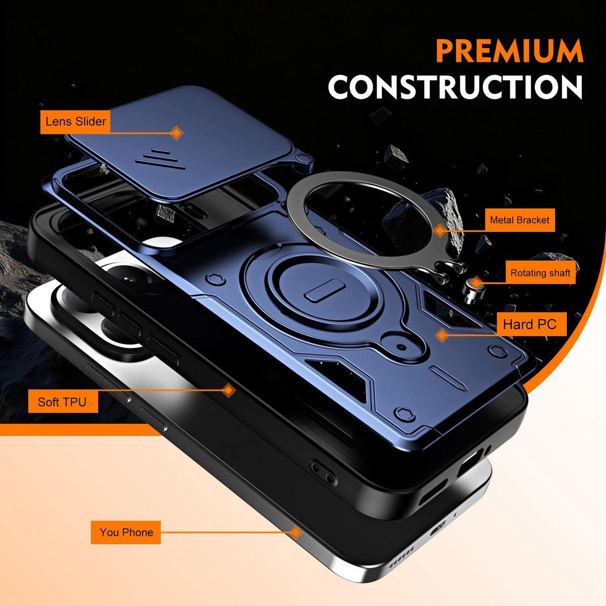 For Xiaomi 15T Pro 5G Ring Holder Lens Slide Cover Phone Case - Orange - EDA009767202A