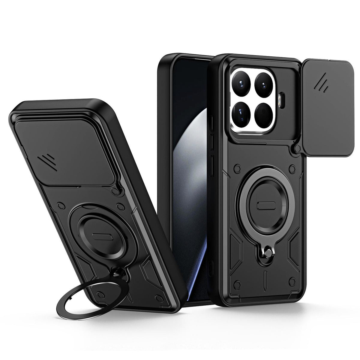For Xiaomi 15T Pro 5G Ring Holder Lens Slide Cover Phone Case - Black - EDA009767202C