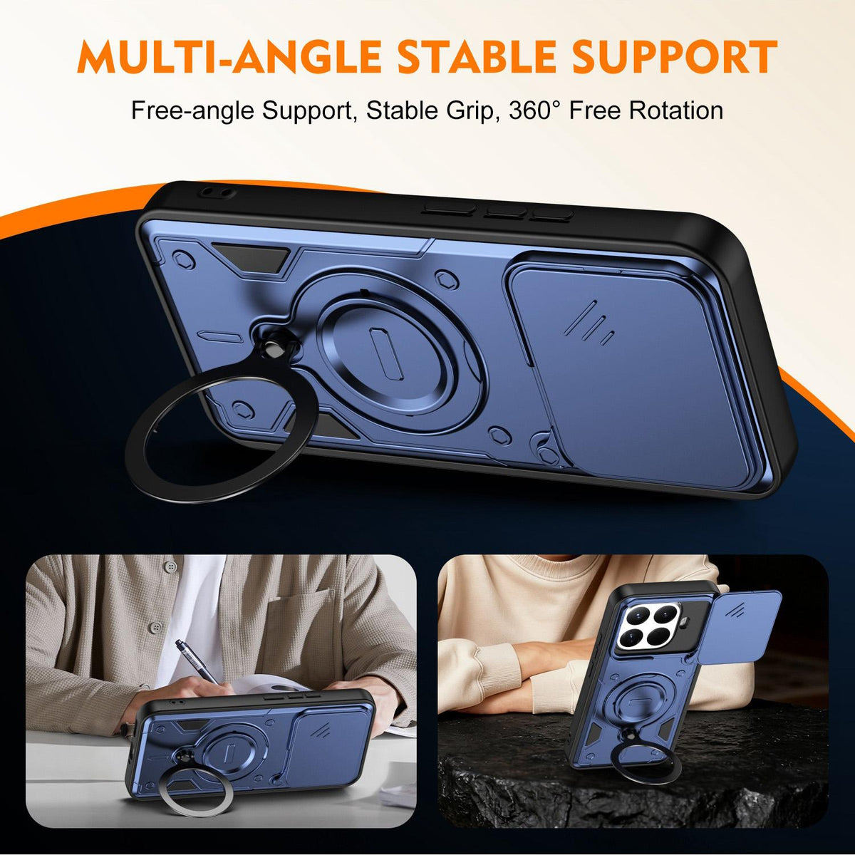 For Xiaomi 15T Pro 5G Ring Holder Lens Slide Cover Phone Case - Black - EDA009767202C
