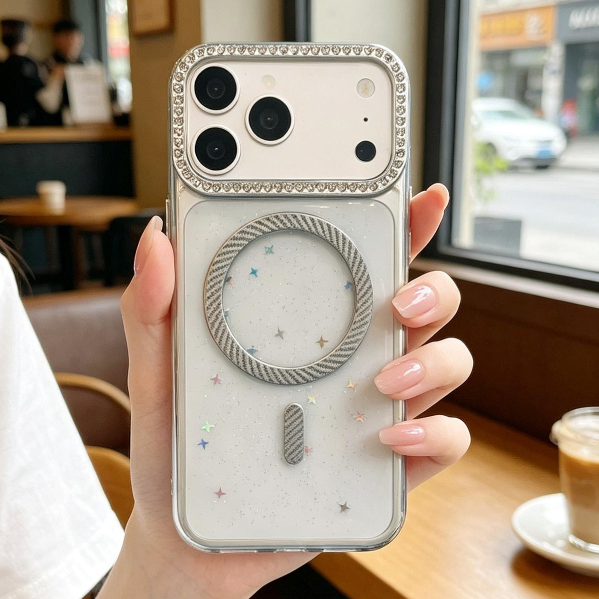 For iPhone 16 Epoxy Glitter Threaded Magnetic Phone Case - Grey - EDA009771008C