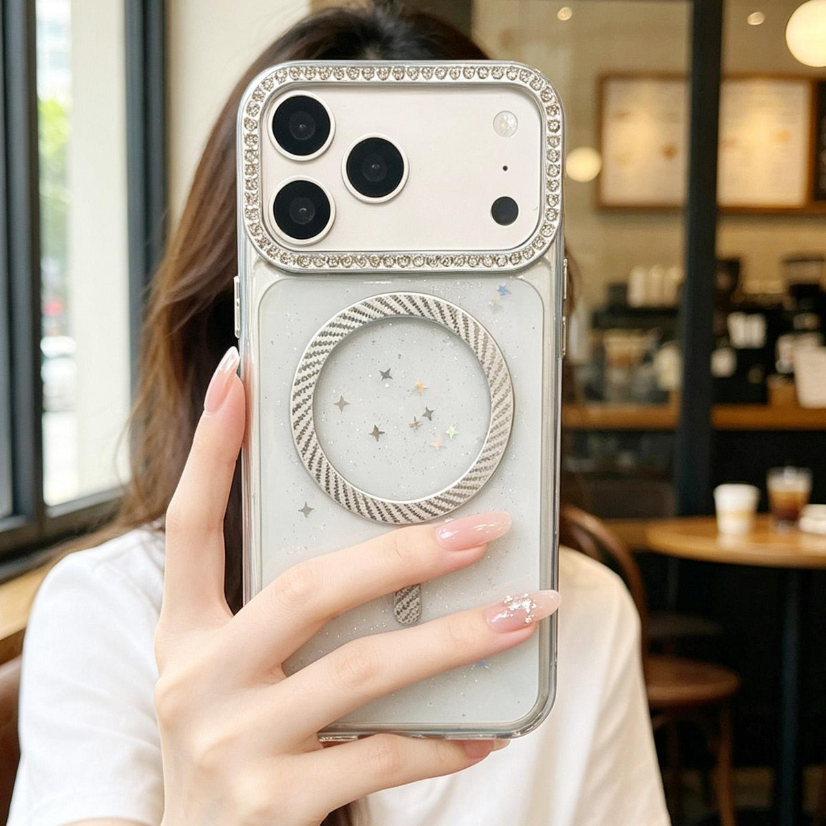 For iPhone 14 Epoxy Glitter Threaded Magnetic Phone Case - Silver - EDA009771014E