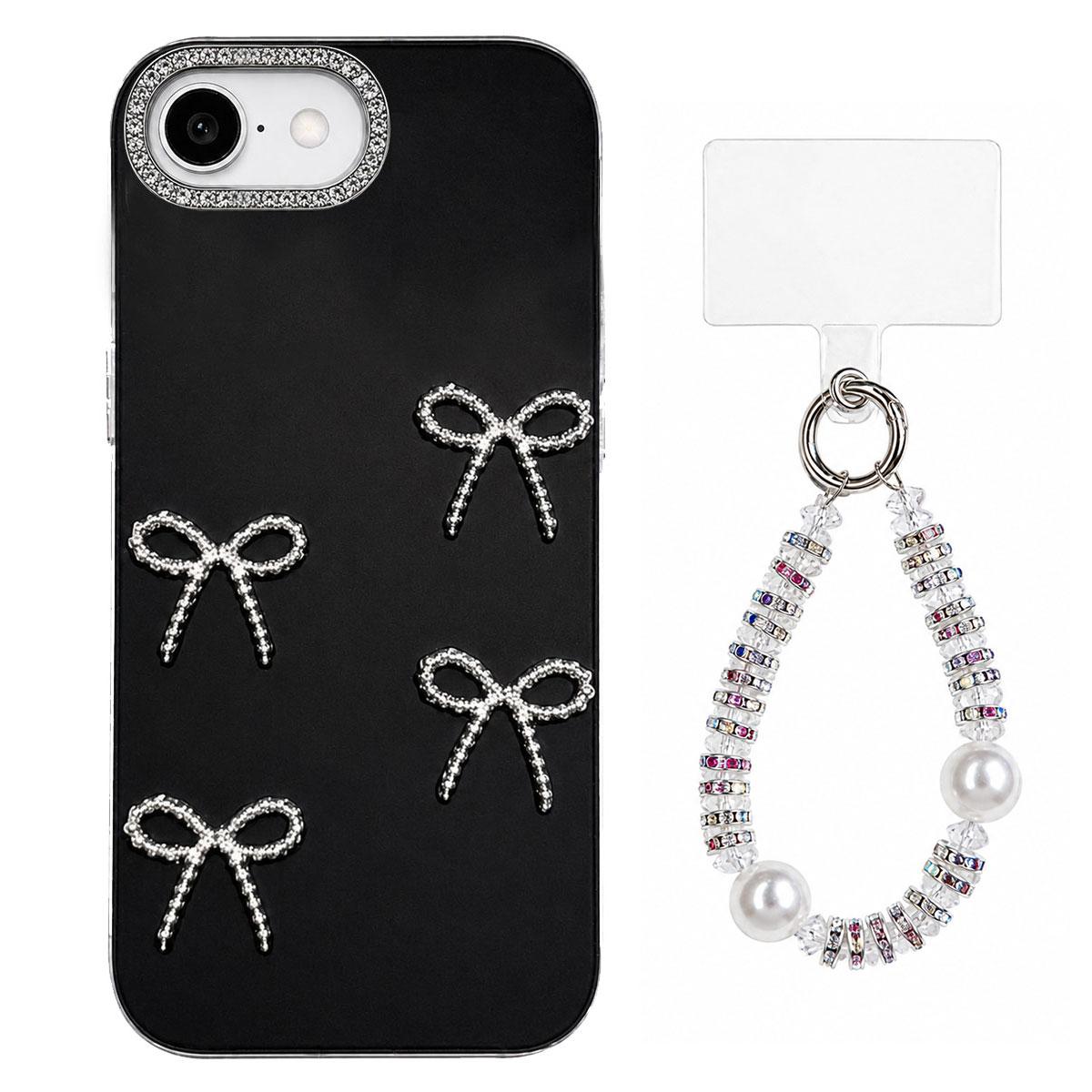 For iPhone 17e / 16e Electroplated Bowknot Dopamine Color Skin-Friendly IMD Phone Case with Beaded Wrist Strap - Black - EDA009772601A