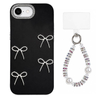 For iPhone 17e / 16e Electroplated Bowknot Dopamine Color Skin-Friendly IMD Phone Case with Beaded Wrist Strap - Black - EDA009772601A