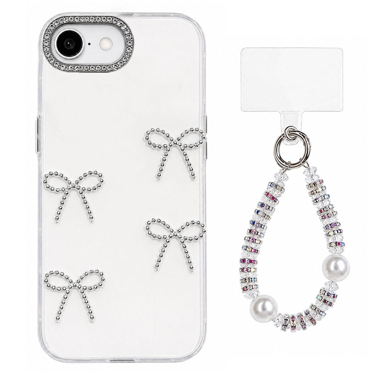 For iPhone 17e / 16e Electroplated Bowknot Dopamine Color Skin-Friendly IMD Phone Case with Beaded Wrist Strap - White - EDA009772601B