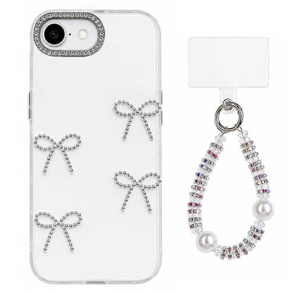 For iPhone 17e / 16e Electroplated Bowknot Dopamine Color Skin-Friendly IMD Phone Case with Beaded Wrist Strap - White - EDA009772601B