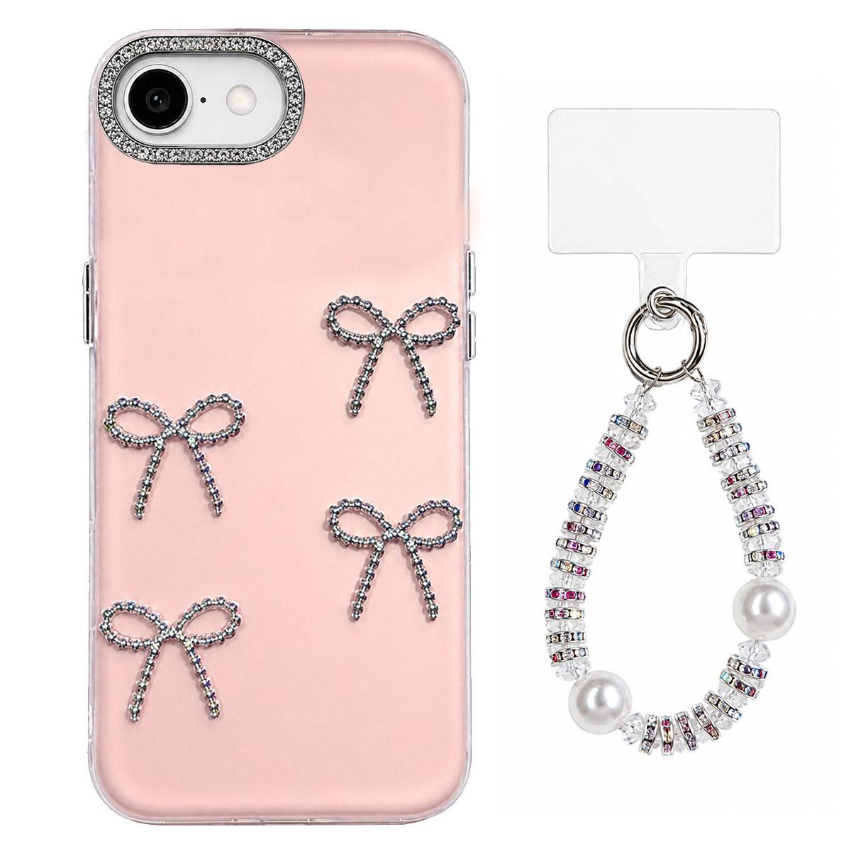 For iPhone 17e / 16e Electroplated Bowknot Dopamine Color Skin-Friendly IMD Phone Case with Beaded Wrist Strap - Pink - EDA009772601C