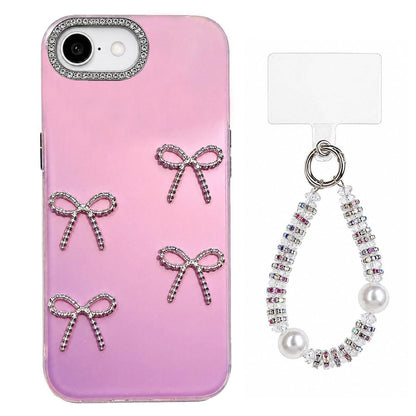 For iPhone 17e / 16e Electroplated Bowknot Dopamine Color Skin-Friendly IMD Phone Case with Beaded Wrist Strap - Purple - EDA009772601D