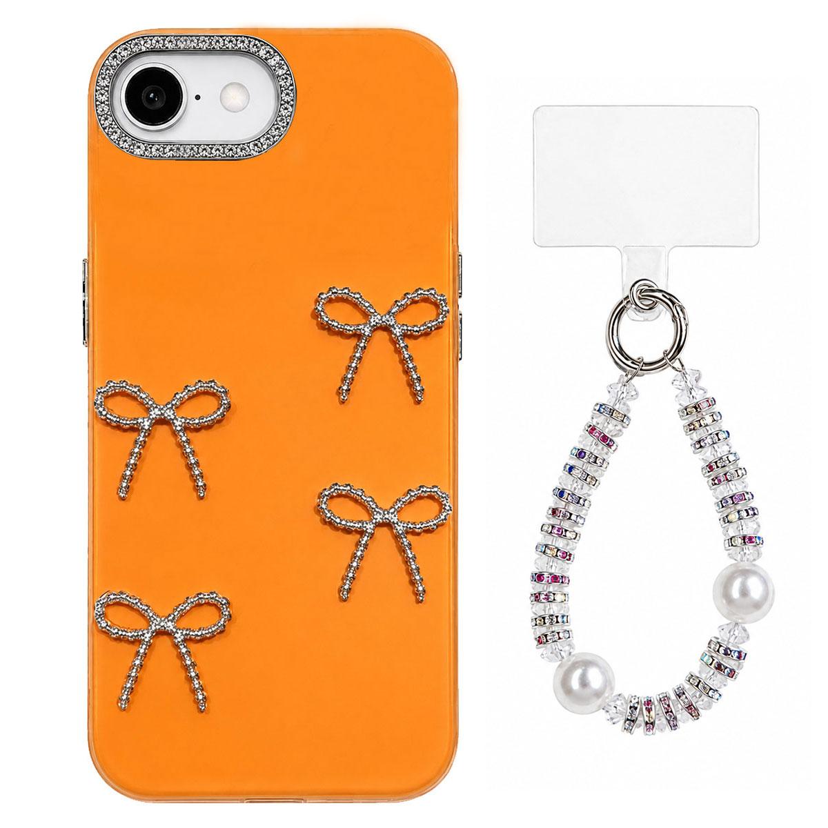 For iPhone 17e / 16e Electroplated Bowknot Dopamine Color Skin-Friendly IMD Phone Case with Beaded Wrist Strap - Orange - EDA009772601E