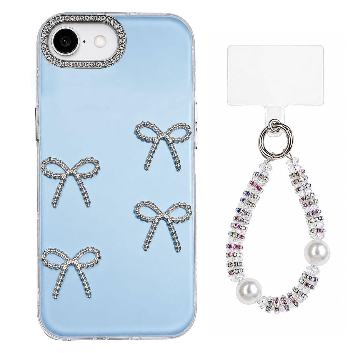 For iPhone 17e / 16e Electroplated Bowknot Dopamine Color Skin-Friendly IMD Phone Case with Beaded Wrist Strap - Blue - EDA009772601F