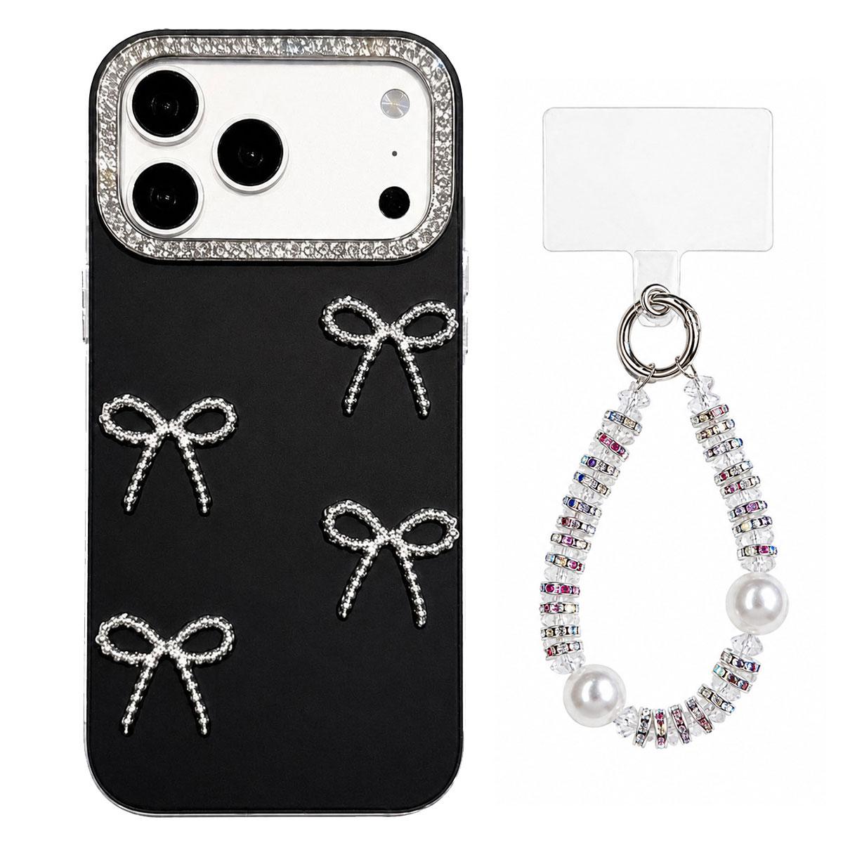 For iPhone 17 Pro Max Electroplated Bowknot Dopamine Color Skin-Friendly IMD Phone Case with Beaded Wrist Strap - Black - EDA009772602A