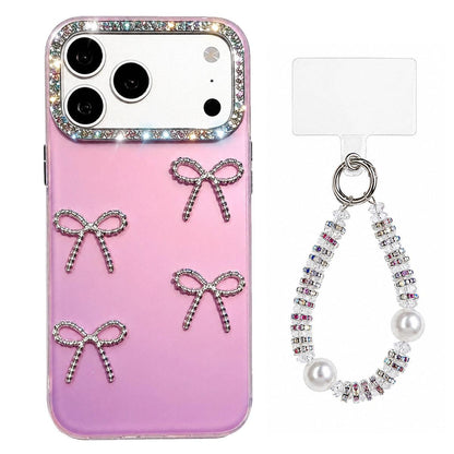 For iPhone 17 Pro Max Electroplated Bowknot Dopamine Color Skin-Friendly IMD Phone Case with Beaded Wrist Strap - Purple - EDA009772602D