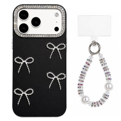 For iPhone 17 Pro Electroplated Bowknot Dopamine Color Skin-Friendly IMD Phone Case with Beaded Wrist Strap - Black - EDA009772603A