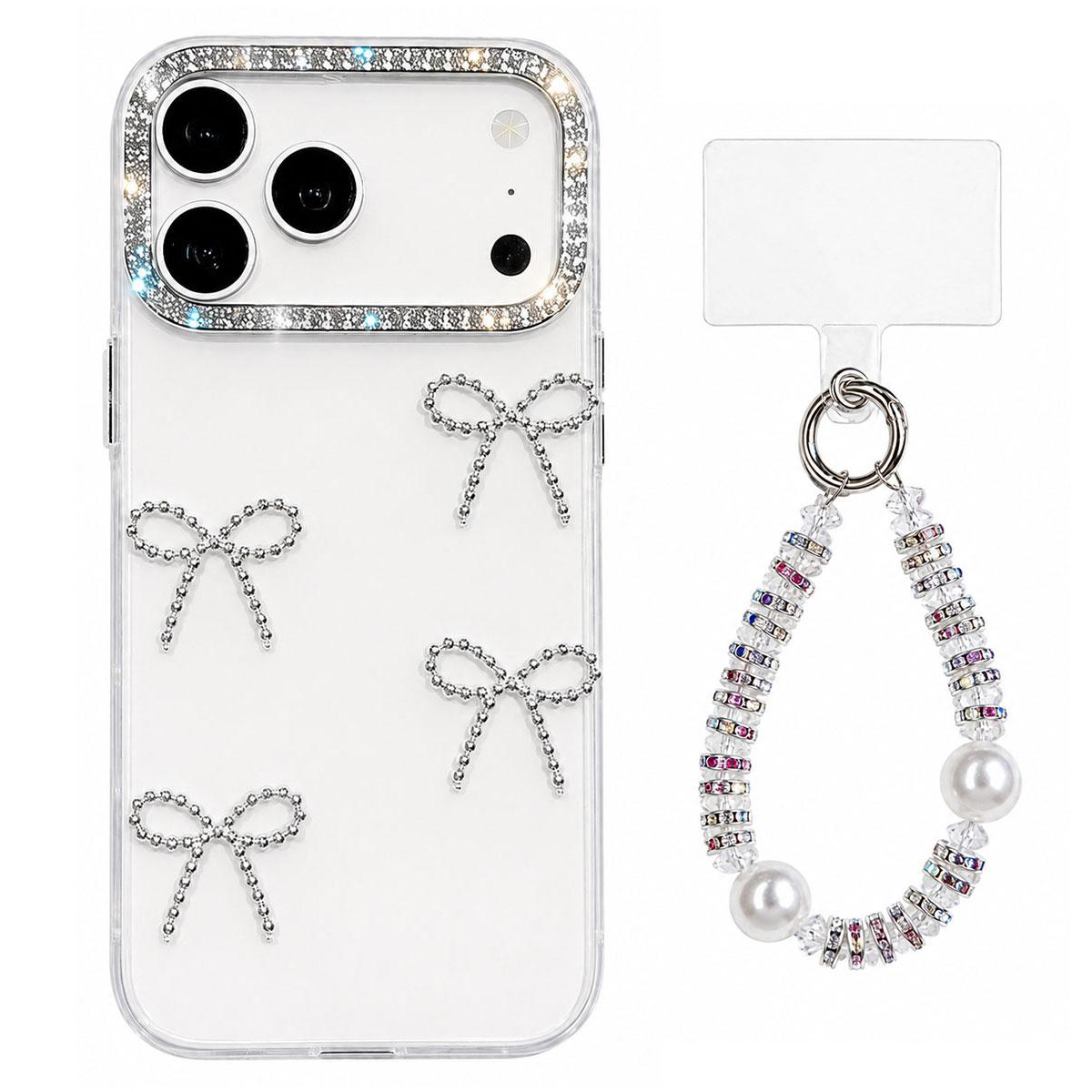 For iPhone 17 Pro Electroplated Bowknot Dopamine Color Skin-Friendly IMD Phone Case with Beaded Wrist Strap - White - EDA009772603B