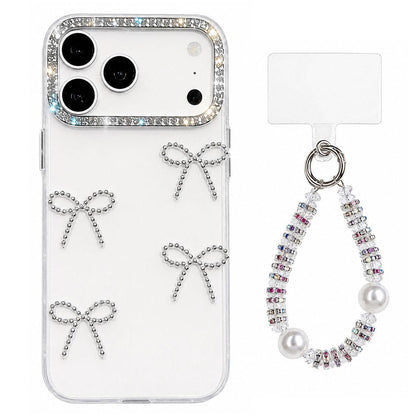 For iPhone 17 Pro Electroplated Bowknot Dopamine Color Skin-Friendly IMD Phone Case with Beaded Wrist Strap - White - EDA009772603B