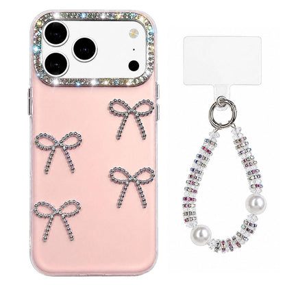 For iPhone 17 Pro Electroplated Bowknot Dopamine Color Skin-Friendly IMD Phone Case with Beaded Wrist Strap - Pink - EDA009772603C