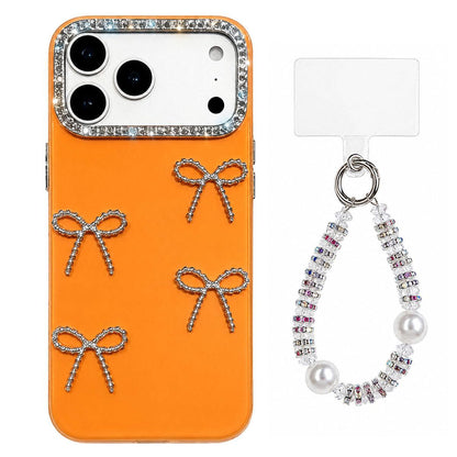 For iPhone 17 Pro Electroplated Bowknot Dopamine Color Skin-Friendly IMD Phone Case with Beaded Wrist Strap - Orange - EDA009772603E