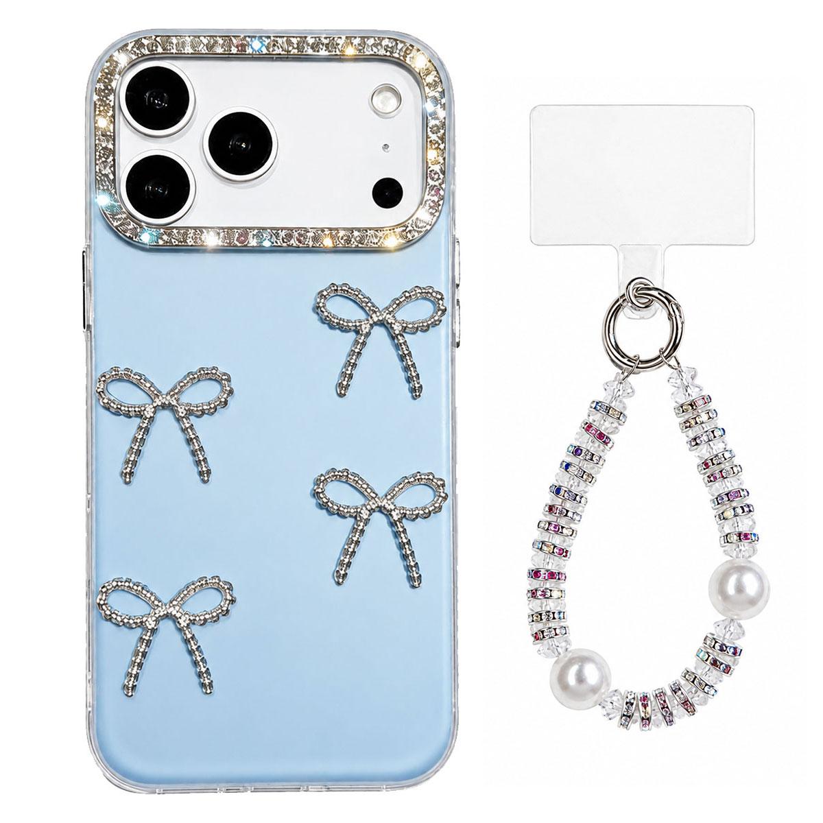 For iPhone 17 Pro Electroplated Bowknot Dopamine Color Skin-Friendly IMD Phone Case with Beaded Wrist Strap - Blue - EDA009772603F