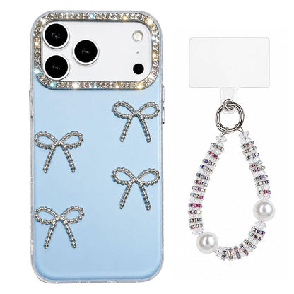 For iPhone 17 Pro Electroplated Bowknot Dopamine Color Skin-Friendly IMD Phone Case with Beaded Wrist Strap - Blue - EDA009772603F