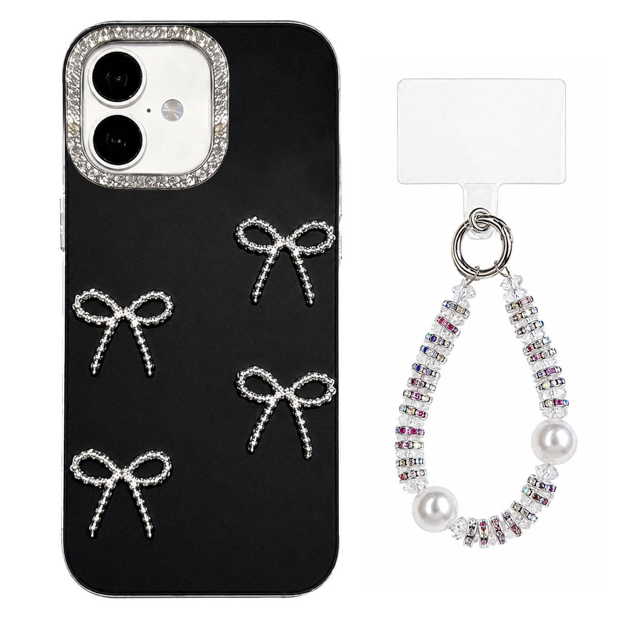 For iPhone 17 Electroplated Bowknot Dopamine Color Skin-Friendly IMD Phone Case with Beaded Wrist Strap - Black - EDA009772604A