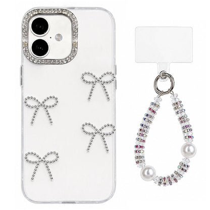 For iPhone 17 Electroplated Bowknot Dopamine Color Skin-Friendly IMD Phone Case with Beaded Wrist Strap - White - EDA009772604B