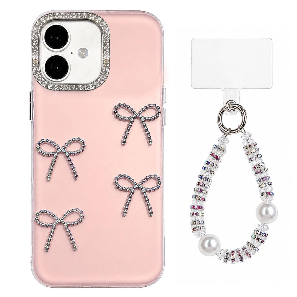 For iPhone 17 Electroplated Bowknot Dopamine Color Skin-Friendly IMD Phone Case with Beaded Wrist Strap - Pink - EDA009772604C