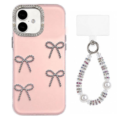 For iPhone 17 Electroplated Bowknot Dopamine Color Skin-Friendly IMD Phone Case with Beaded Wrist Strap - Pink - EDA009772604C
