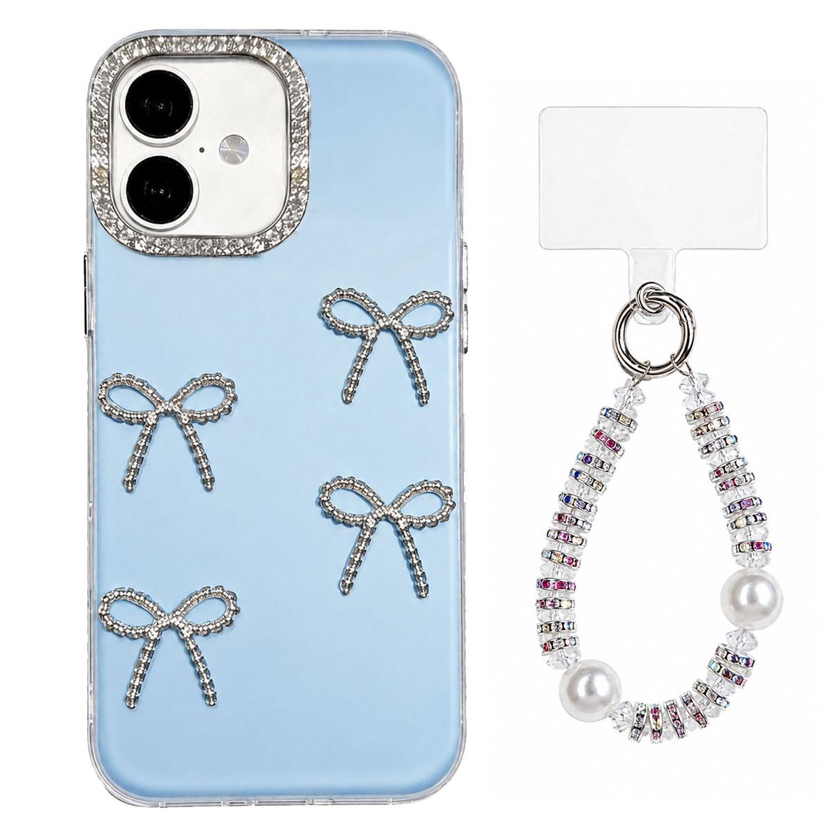 For iPhone 17 Electroplated Bowknot Dopamine Color Skin-Friendly IMD Phone Case with Beaded Wrist Strap - Blue - EDA009772604F