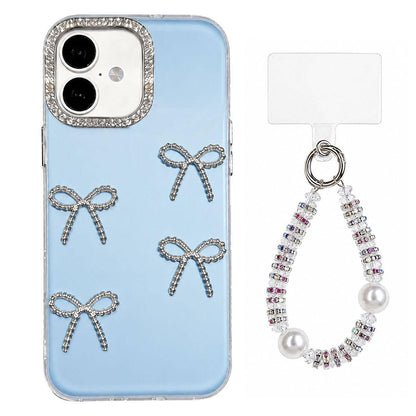 For iPhone 17 Electroplated Bowknot Dopamine Color Skin-Friendly IMD Phone Case with Beaded Wrist Strap - Blue - EDA009772604F