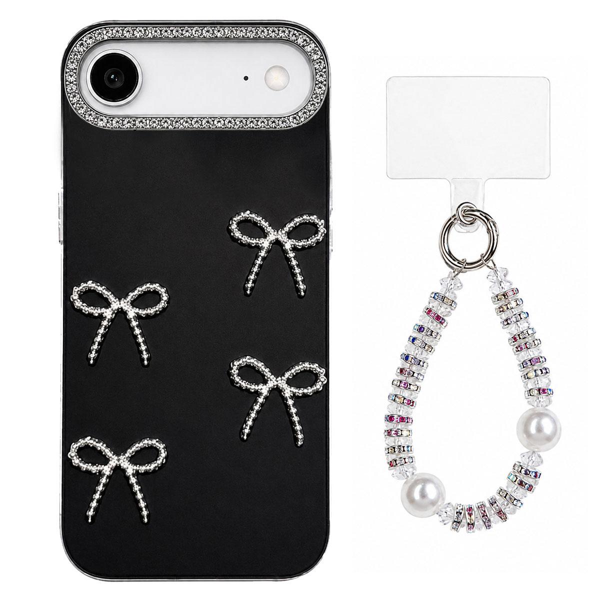 For iPhone Air Electroplated Bowknot Dopamine Color Skin-Friendly IMD Phone Case with Beaded Wrist Strap - Black - EDA009772605A