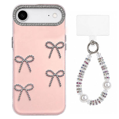 For iPhone Air Electroplated Bowknot Dopamine Color Skin-Friendly IMD Phone Case with Beaded Wrist Strap - Pink - EDA009772605C