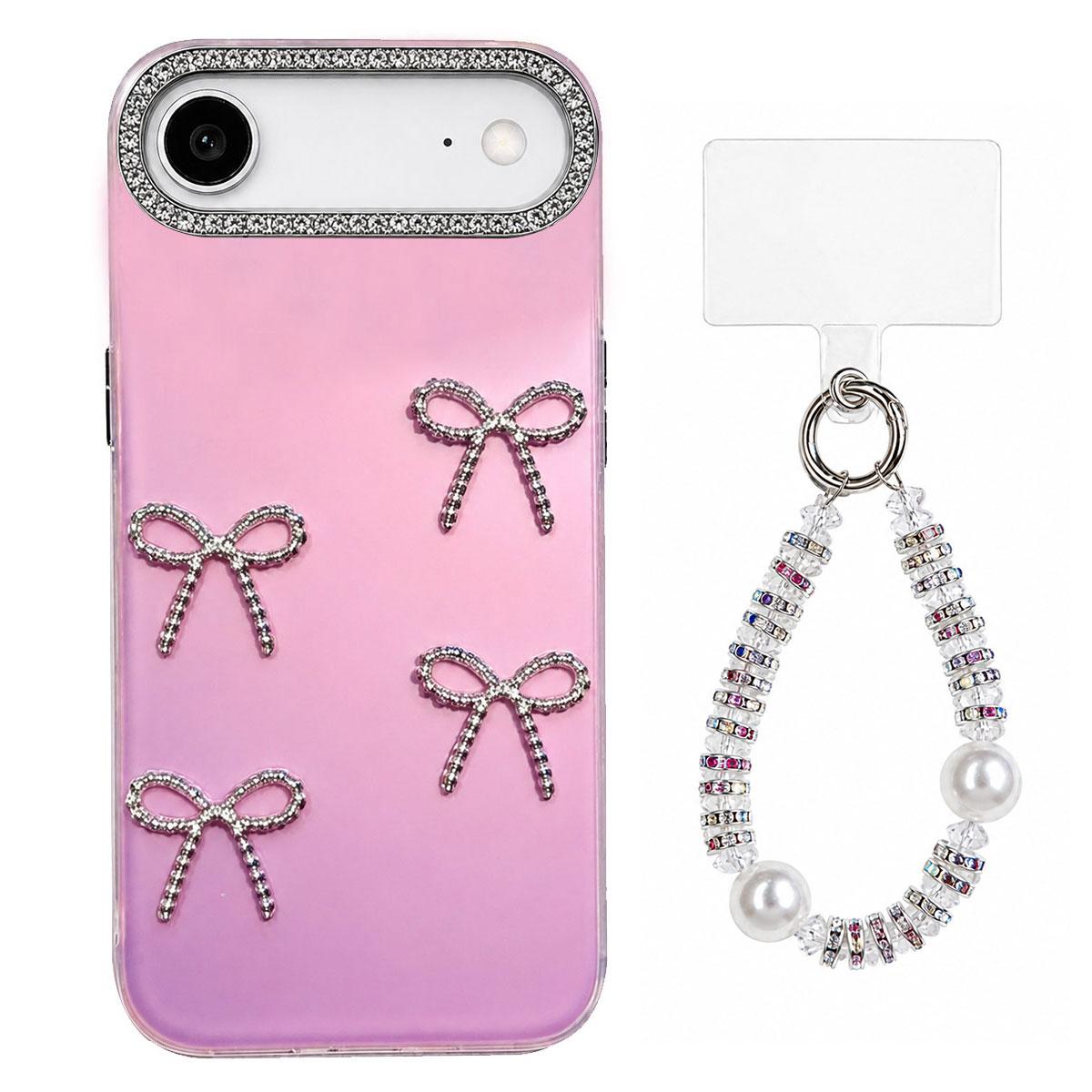For iPhone Air Electroplated Bowknot Dopamine Color Skin-Friendly IMD Phone Case with Beaded Wrist Strap - Purple - EDA009772605D