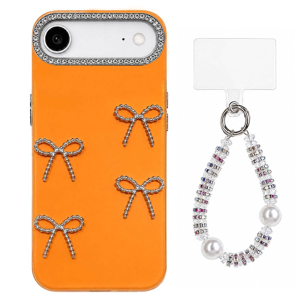 For iPhone Air Electroplated Bowknot Dopamine Color Skin-Friendly IMD Phone Case with Beaded Wrist Strap - Orange - EDA009772605E