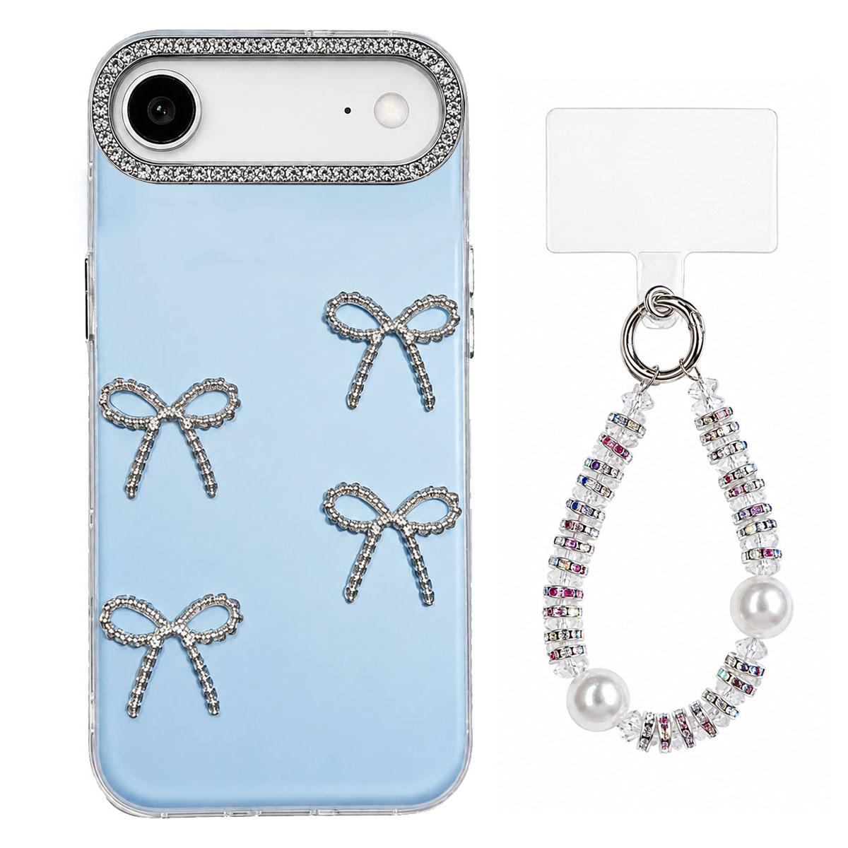 For iPhone Air Electroplated Bowknot Dopamine Color Skin-Friendly IMD Phone Case with Beaded Wrist Strap - Blue - EDA009772605F