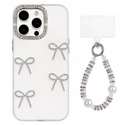 For iPhone 16 Pro Electroplated Bowknot Dopamine Color Skin-Friendly IMD Phone Case with Beaded Wrist Strap - White - EDA009772607B